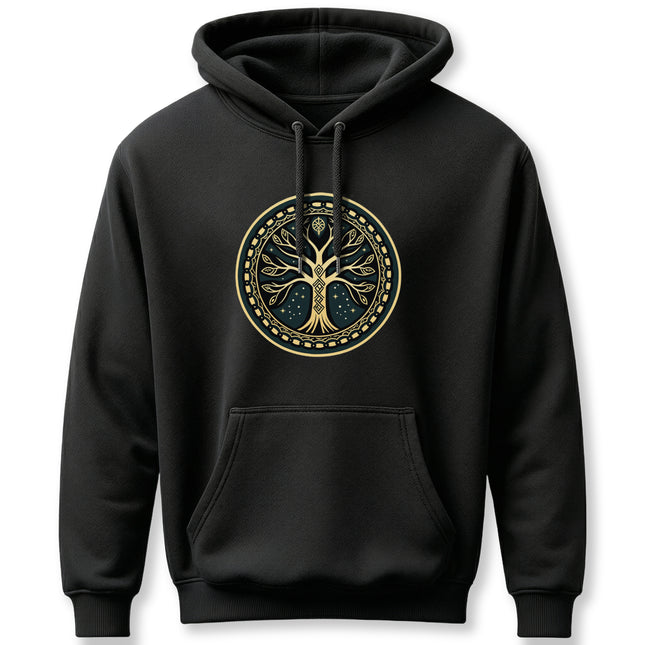 Norse Yggdrasil World Tree graphic on a black hoodie, featuring gold and teal mythological art.