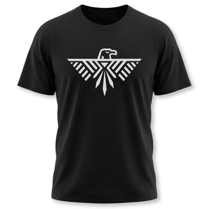 Geometric Thunderbird eagle graphic on a black t-shirt featuring tribal patterns.