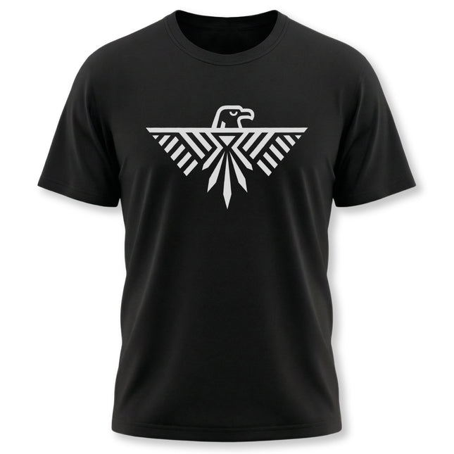Geometric Thunderbird eagle graphic on a black t-shirt featuring tribal patterns.