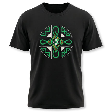 Black t-shirt featuring a vibrant green Celtic knotwork cross design.
