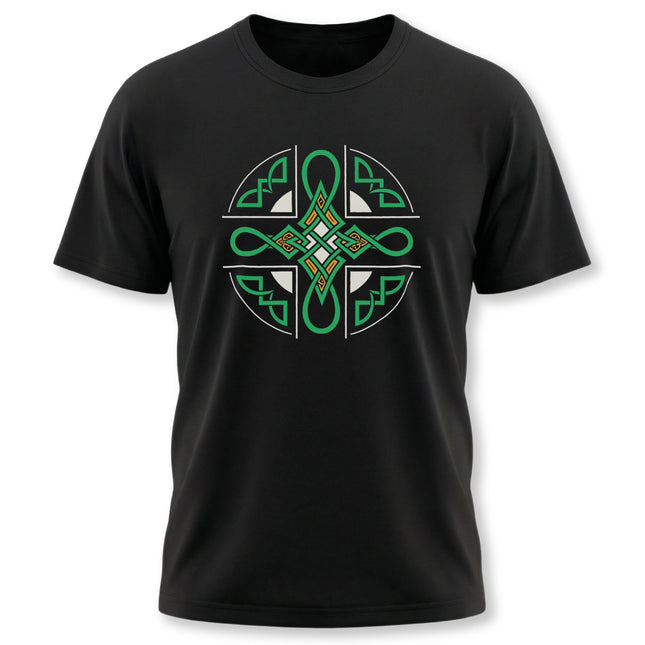 Black t-shirt featuring a vibrant green Celtic knotwork cross design.