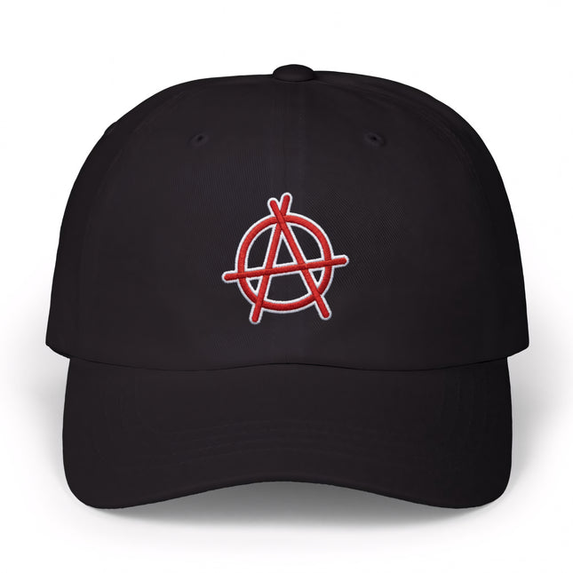 Black baseball cap with red embroidered anarchy symbol. Streetwear political graphic cap.