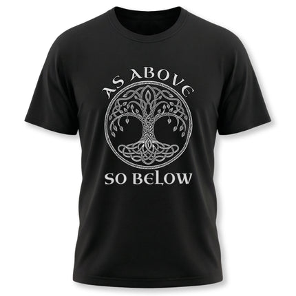 Celtic Tree of Life knotwork graphic with "As Above So Below" text on a black t-shirt.