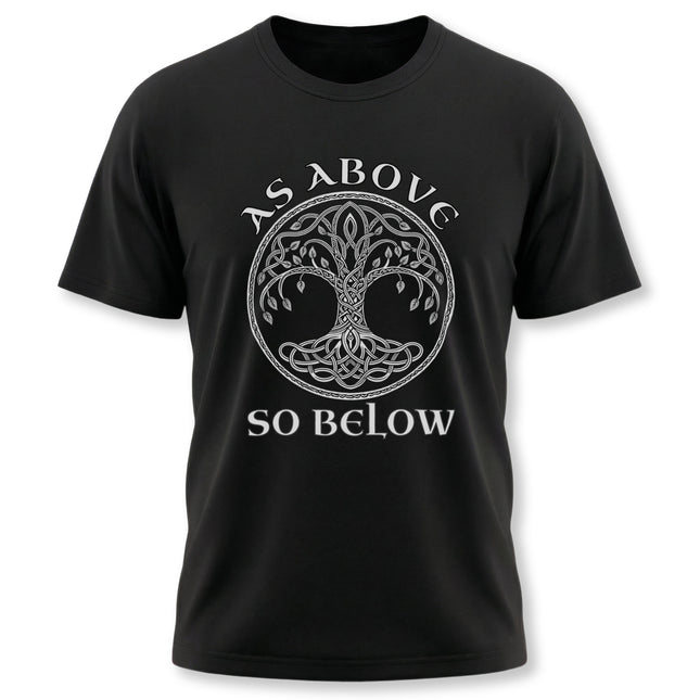 Celtic Tree of Life knotwork graphic with "As Above So Below" text on a black t-shirt.