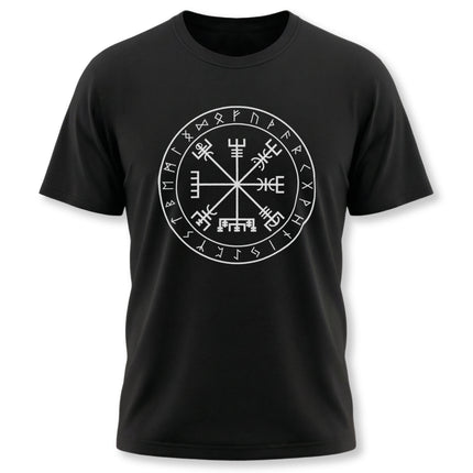 Black t-shirt featuring the Vegvisir Viking rune compass graphic.
