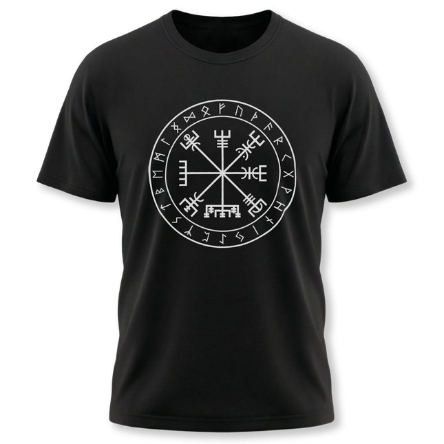 Black t-shirt featuring the Vegvisir Viking rune compass graphic.