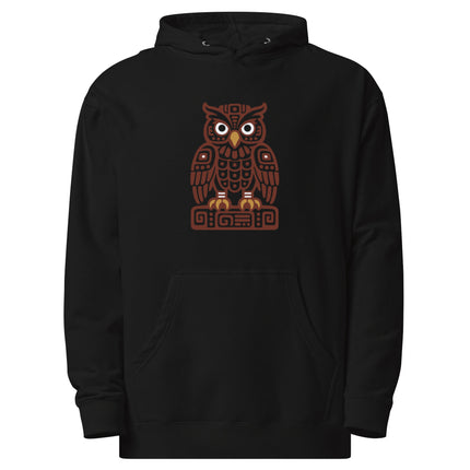 Mayan Owl Hoodie | Brown Geometric Bird with White Eyes Design