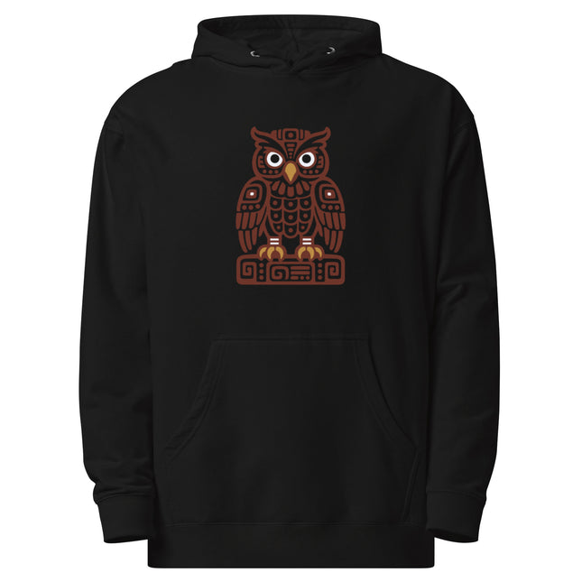 Mayan Owl Hoodie | Brown Geometric Bird with White Eyes Design