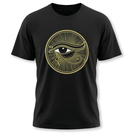 Eye of Horus symbol graphic tee. Golden Egyptian protection design on black shirt.