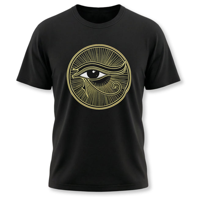 Eye of Horus symbol graphic tee. Golden Egyptian protection design on black shirt.