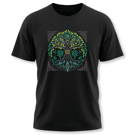 Celtic Tree of Life knotwork design on a black t-shirt, featuring Yggdrasil mythology.