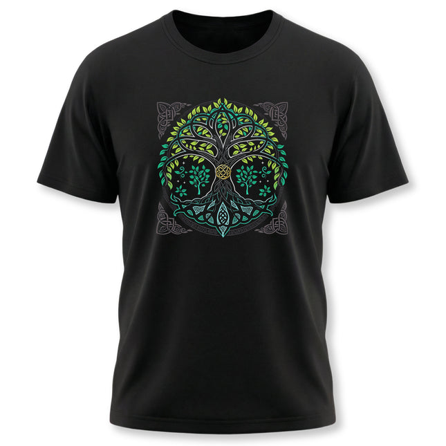Celtic Tree of Life knotwork design on a black t-shirt, featuring Yggdrasil mythology.