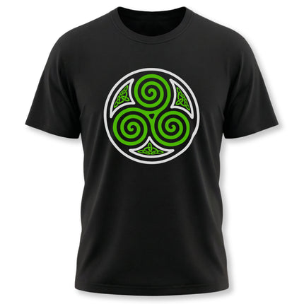 Celtic Triskelion symbol graphic tee featuring a green triple spiral Celtic knot design.