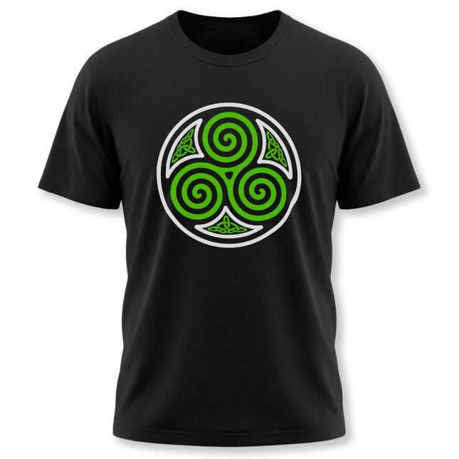 Celtic Triskelion symbol graphic tee featuring a green triple spiral Celtic knot design.
