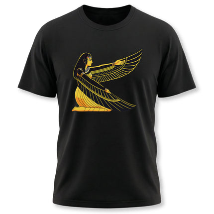 Gold graphic of Egyptian goddess Isis with wings on a black t-shirt.