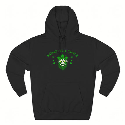 Nature Is My Church Green Man graphic on a black spiritual hoodie for pagan apparel.