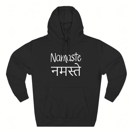 Black pullover hoodie with Namaste and नमस्ते spiritual greeting text.