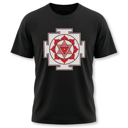 Black t-shirt featuring the Bagalamukhi Yantra sacred geometry symbol.