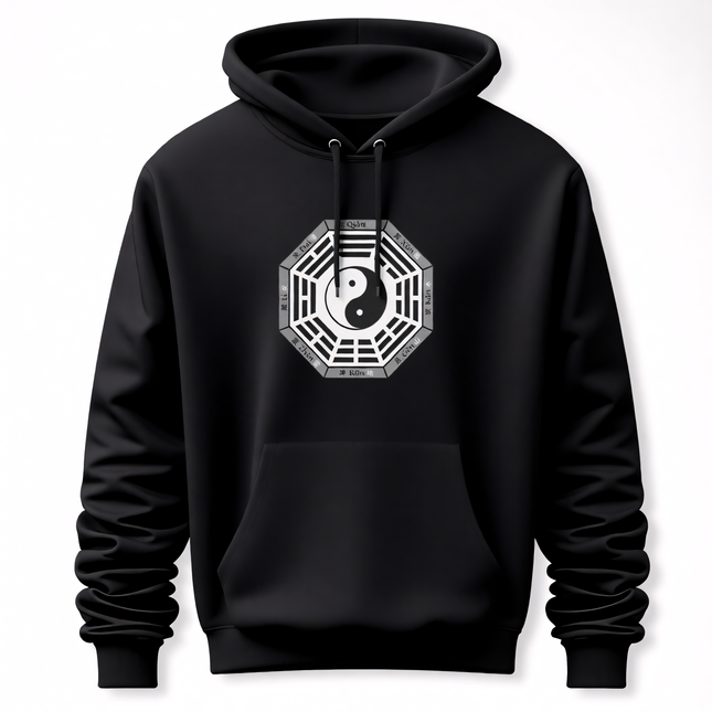 Black hoodie featuring the Bagua, Yin Yang, and I Ching trigrams design.