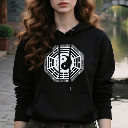 Black hoodie featuring a detailed Bagua and Yin Yang graphic, symbolizing Eastern philosophy and balance.