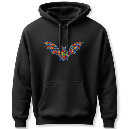 Colorful Huichol bat design on black hoodie, featuring vibrant Mexican indigenous folk art.