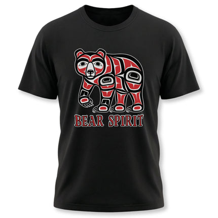 Tribal Formline art bear graphic on a black tee, featuring the text "BEAR SPIRIT.