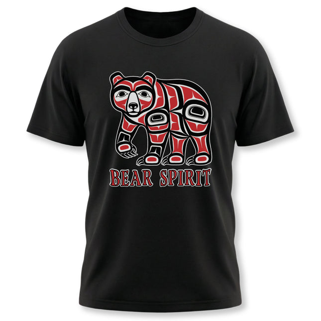 Tribal Formline art bear graphic on a black tee, featuring the text "BEAR SPIRIT.