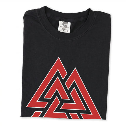 Valknut Viking symbol graphic t-shirt featuring the Norse Asgard triangle design.