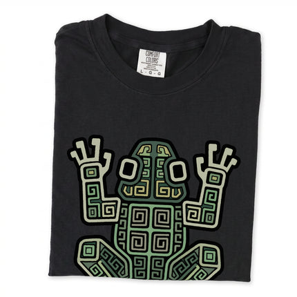 Mayan frog geometric symbol tribal art graphic on a comfortable unisex t-shirt.