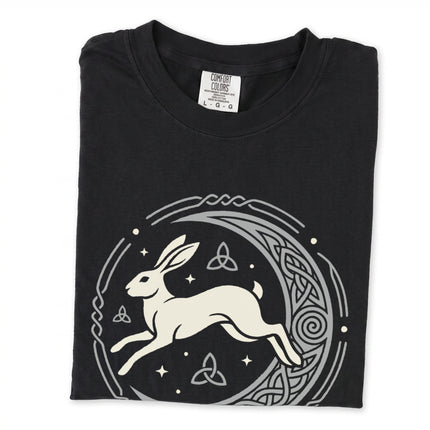 Celtic hare and crescent moon knotwork graphic tee featuring intricate Celtic knot design.