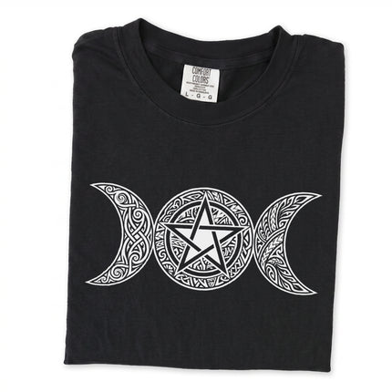 Triple Moon Pentacle symbol graphic tee for pagan or wiccan style.