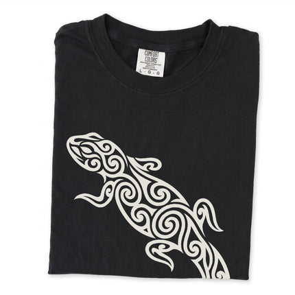 Tribal lizard swirl graphic t-shirt featuring intricate patterns on unisex comfort colors apparel.