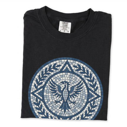 Roman mosaic phoenix graphic tee in deep blue tones.