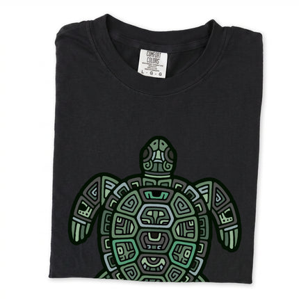 Green sea turtle t-shirt with tribal geometric Mayan design print.