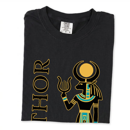 Ancient Egyptian Hathor Goddess T-Shirt featuring mythological sun disk and goddess print.