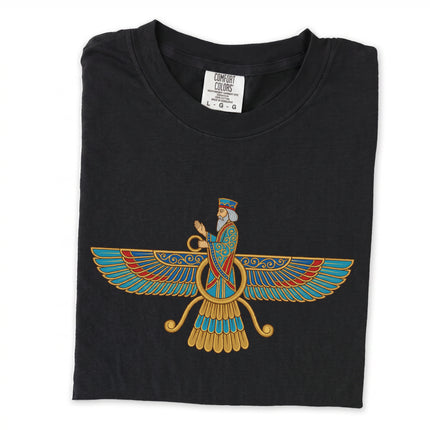 Black long sleeve t-shirt featuring the Persian Faravahar symbol. Zoroastrian winged design tee.