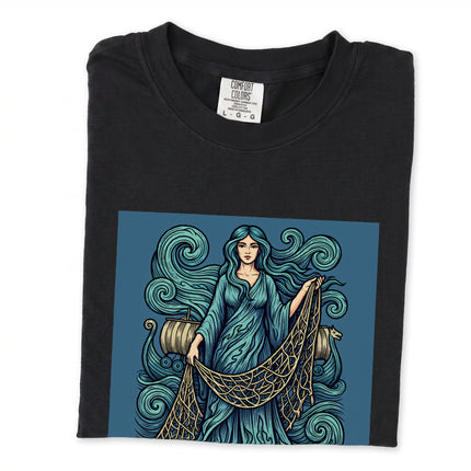 Norse Sea Goddess Rán t-shirt design featuring mythological ocean waves and nets print.
