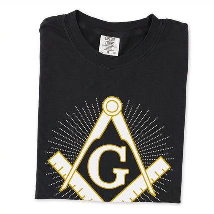 Masonic Square and Compass sacred geometry art graphic tee shirt design.