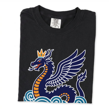 T-shirt featuring Tiamat, a crowned mythological sea serpent dragon graphic print.