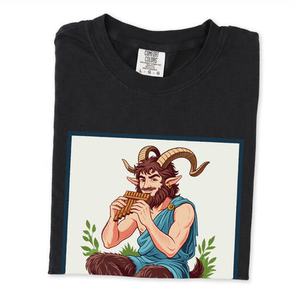 Satyr Pan Greek god t-shirt graphic featuring a mythological flute player illustration.