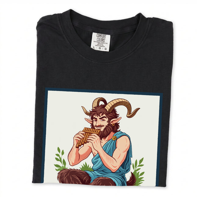 Satyr Pan Greek god t-shirt graphic featuring a mythological flute player illustration.