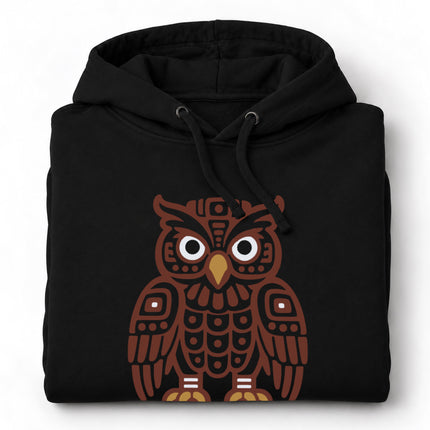 Mayan Owl Hoodie | Brown Geometric Bird with White Eyes Design