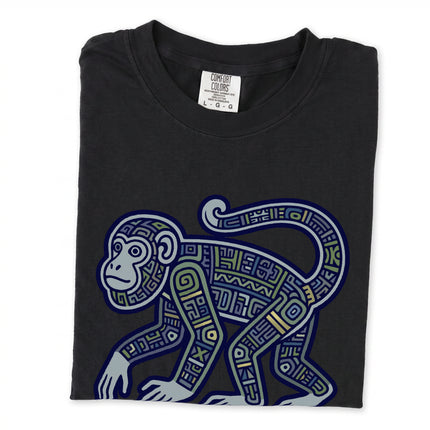 Mayan tribal monkey graphic tee featuring geometric ancient art symbols.