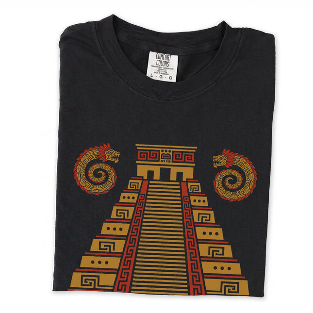 Red and gold stepped pyramid graphic tee featuring Mesoamerican ancient art design.