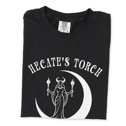 Hecate's torch and crescent moon graphic tee featuring Greek mythology occult design.