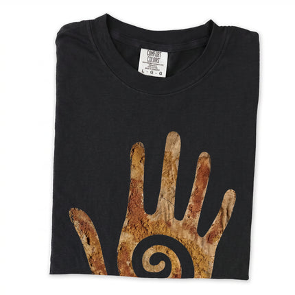 Spiral healing hand motif long sleeve t-shirt in textured earth tones.