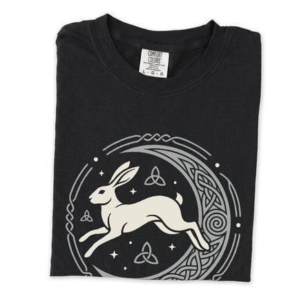 Celtic hare t-shirt with moon and knotwork graphic. Long sleeve tee.