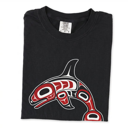 Native formline killer whale graphic tee featuring Pacific Northwest orca art design.