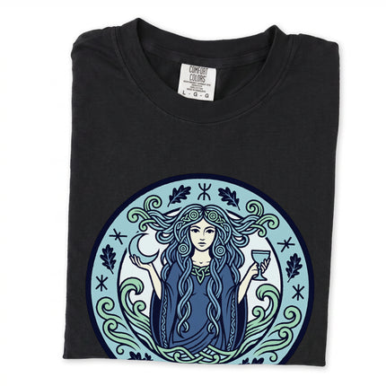 Celtic mythology t-shirt design featuring Nimue, the Lady of the Lake water sorceress illustration.