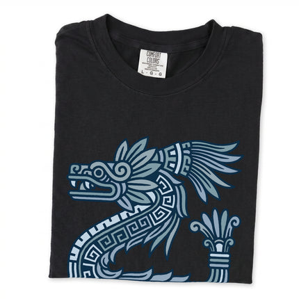 Quetzalcoatl feathered serpent design t-shirt featuring Aztec and Mayan mythology art.